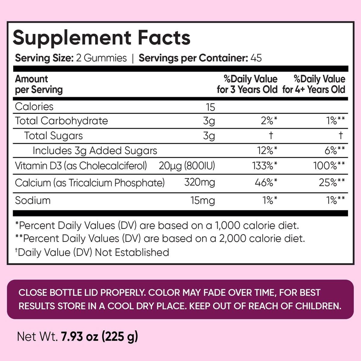 Flacon de gummies calcium ouvert avec des gummies visibles