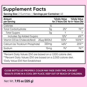 Flacon de gummies calcium ouvert avec des gummies visibles