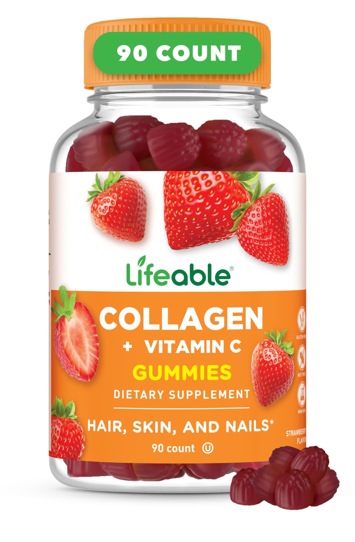 Flacon de gummies collagène Lifeable 90 gummies goût fraise vue de face