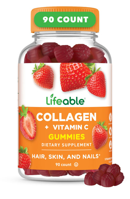 Flacon de gummies collagène Lifeable 90 gummies goût fraise vue de face