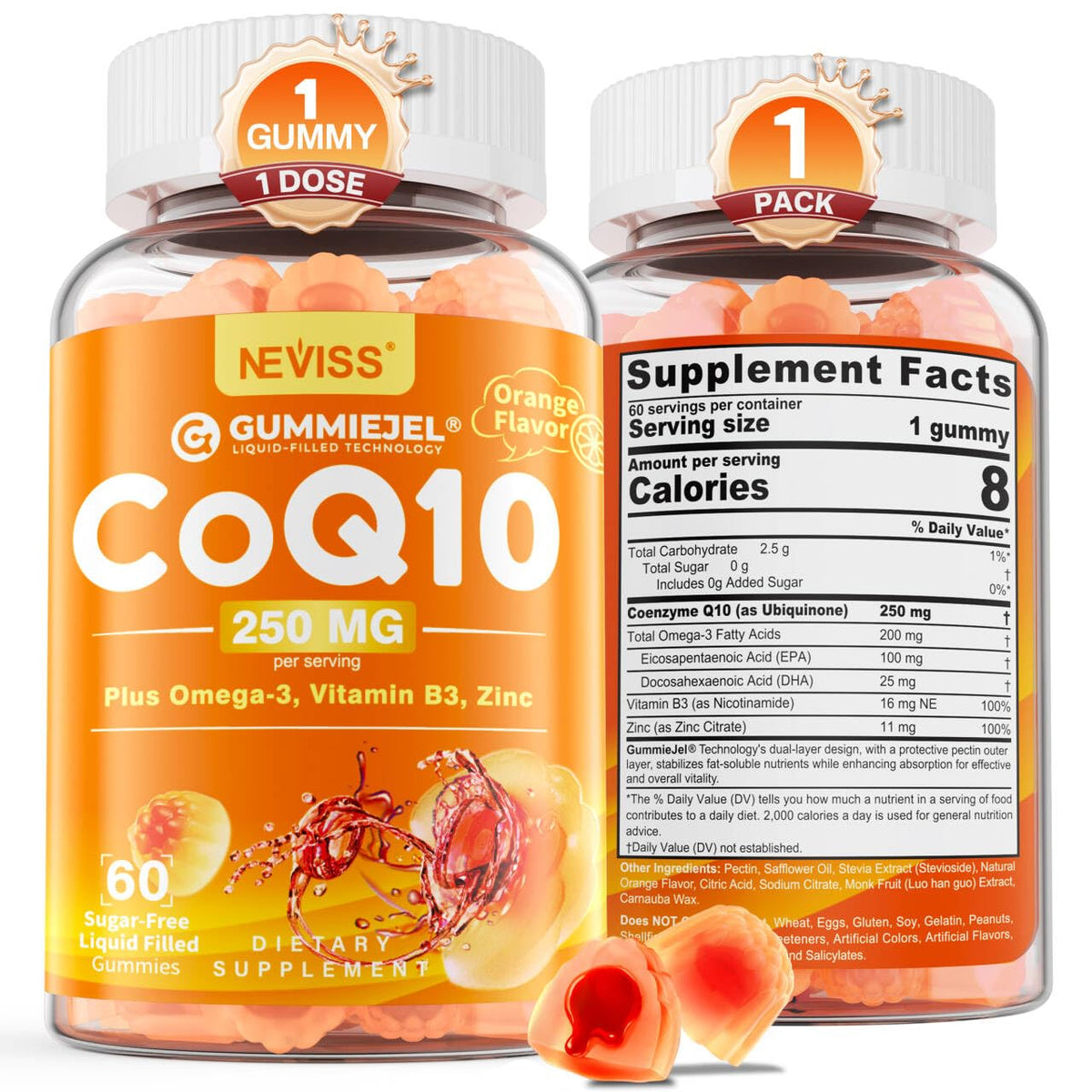 Flacon de gummies CoQ10 250mg NEVISS avec 60 gummies
