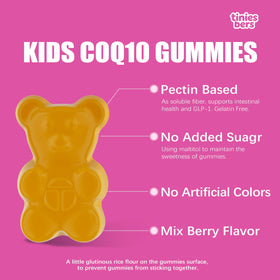 Flacon de gummies CoQ10 Tinies bers sur une table