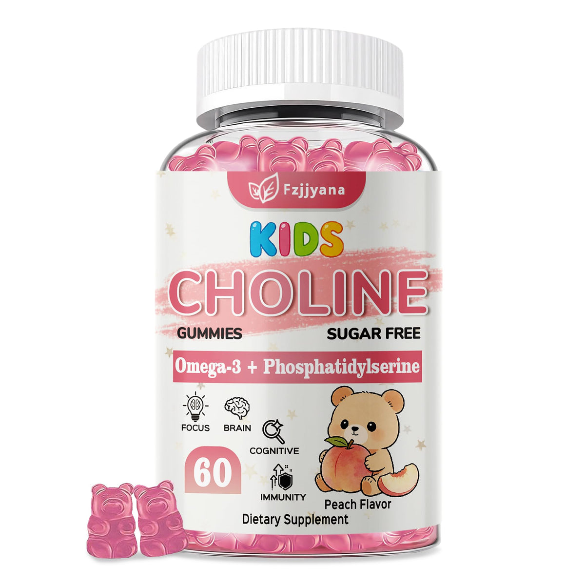 Flacon de gummies de choline Fzjjyana pour enfants, 60 gummies