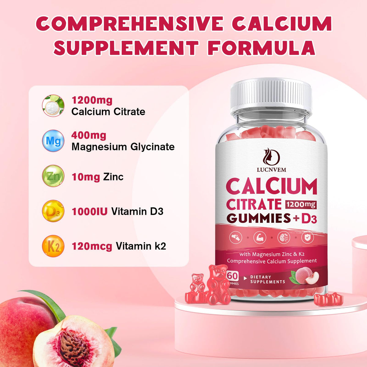 Flacon de gummies de citrate de calcium de LUCNVEM avec étiquette visible