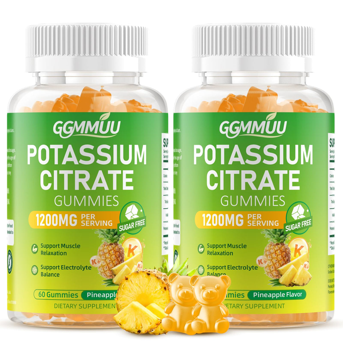 Flacon de gummies de citrate de potassium GGMMUU 1200mg, saveur ananas, vue de face