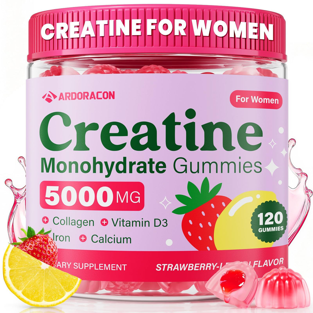 Flacon de gummies de créatine ARDORACON pour femmes, 120 gummies, vue de face