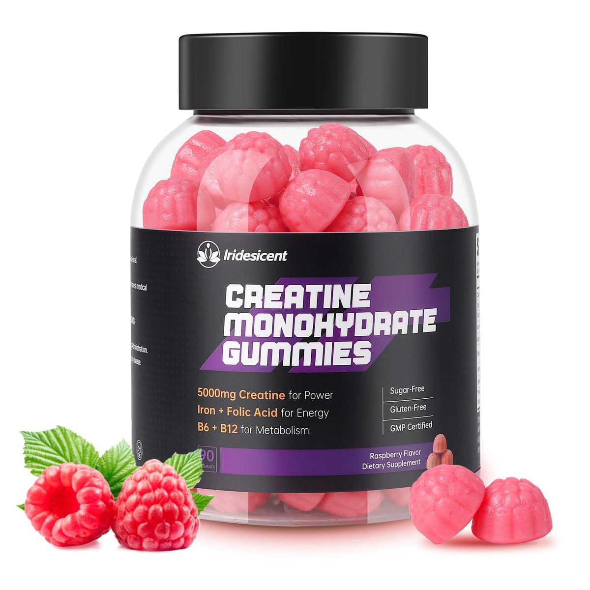Flacon de gummies de créatine IRIDESICENT 90 pièces vue de face