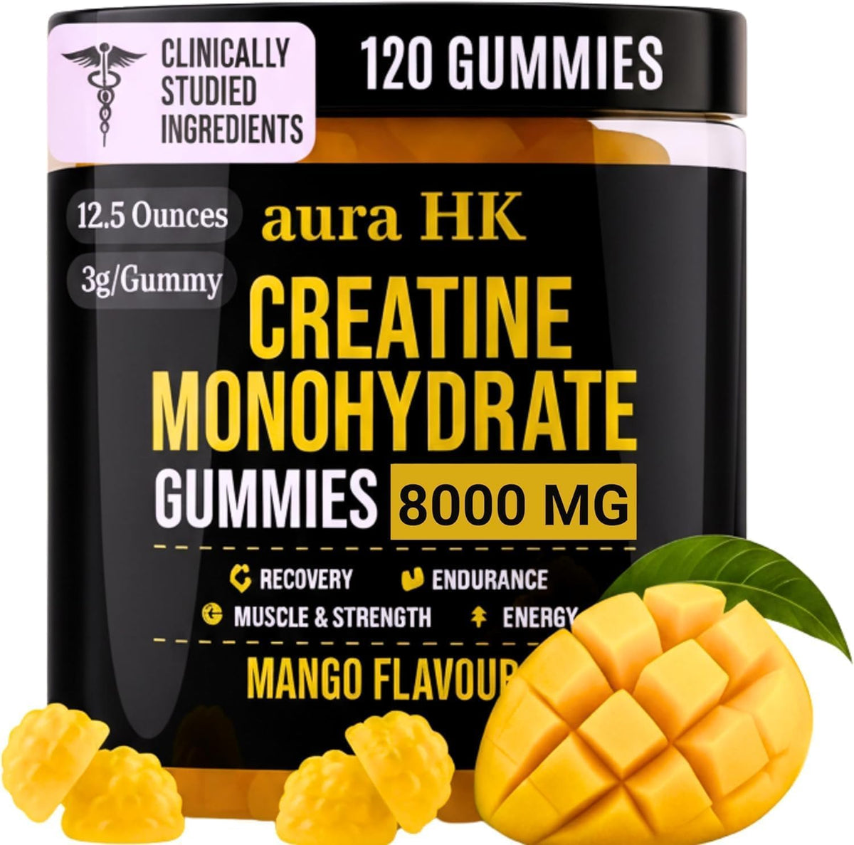 Flacon de gummies de créatine monohydrate aura HK 8000mg, vue de face