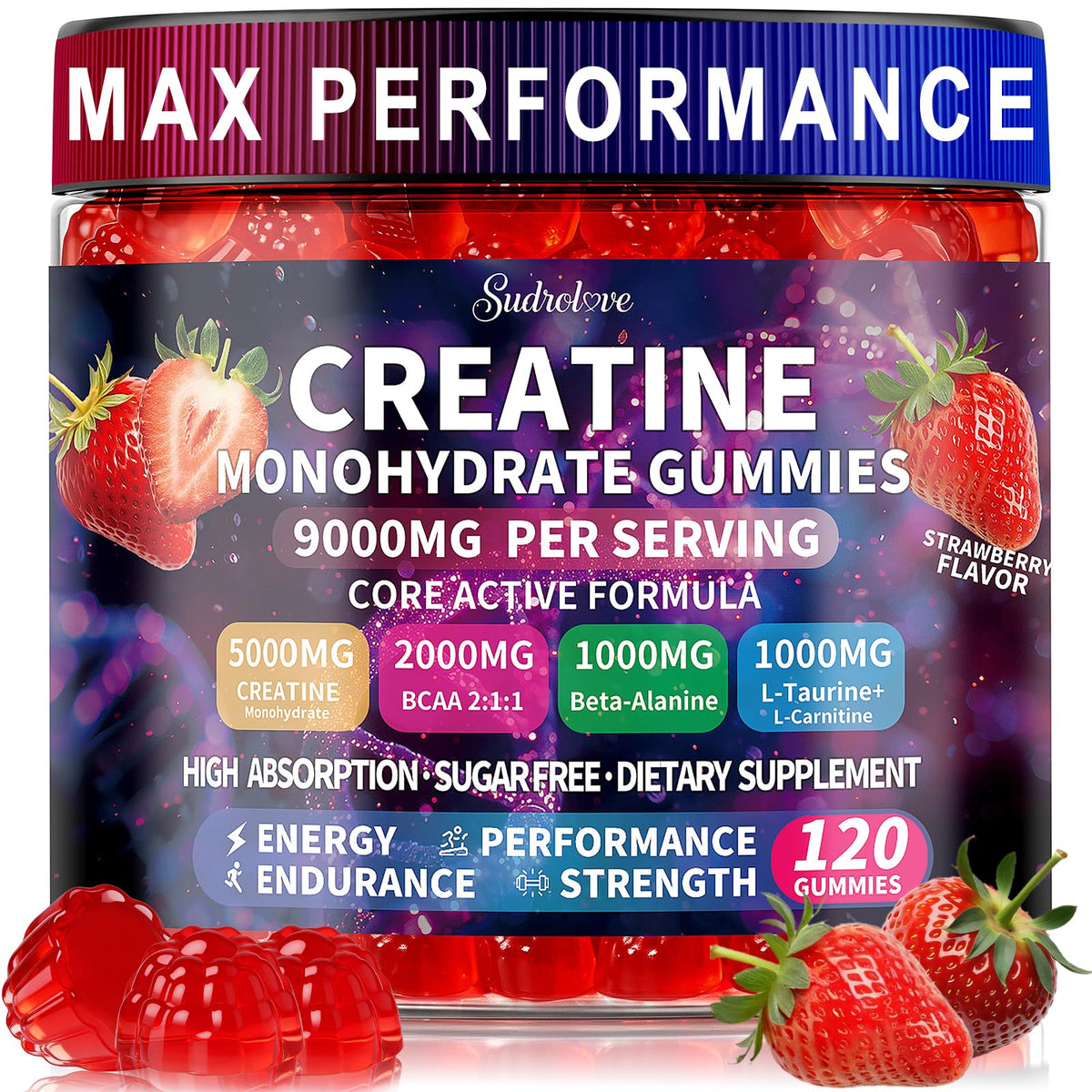 Flacon de gummies de créatine monohydrate sudrolove 5000mg, 120 unités
