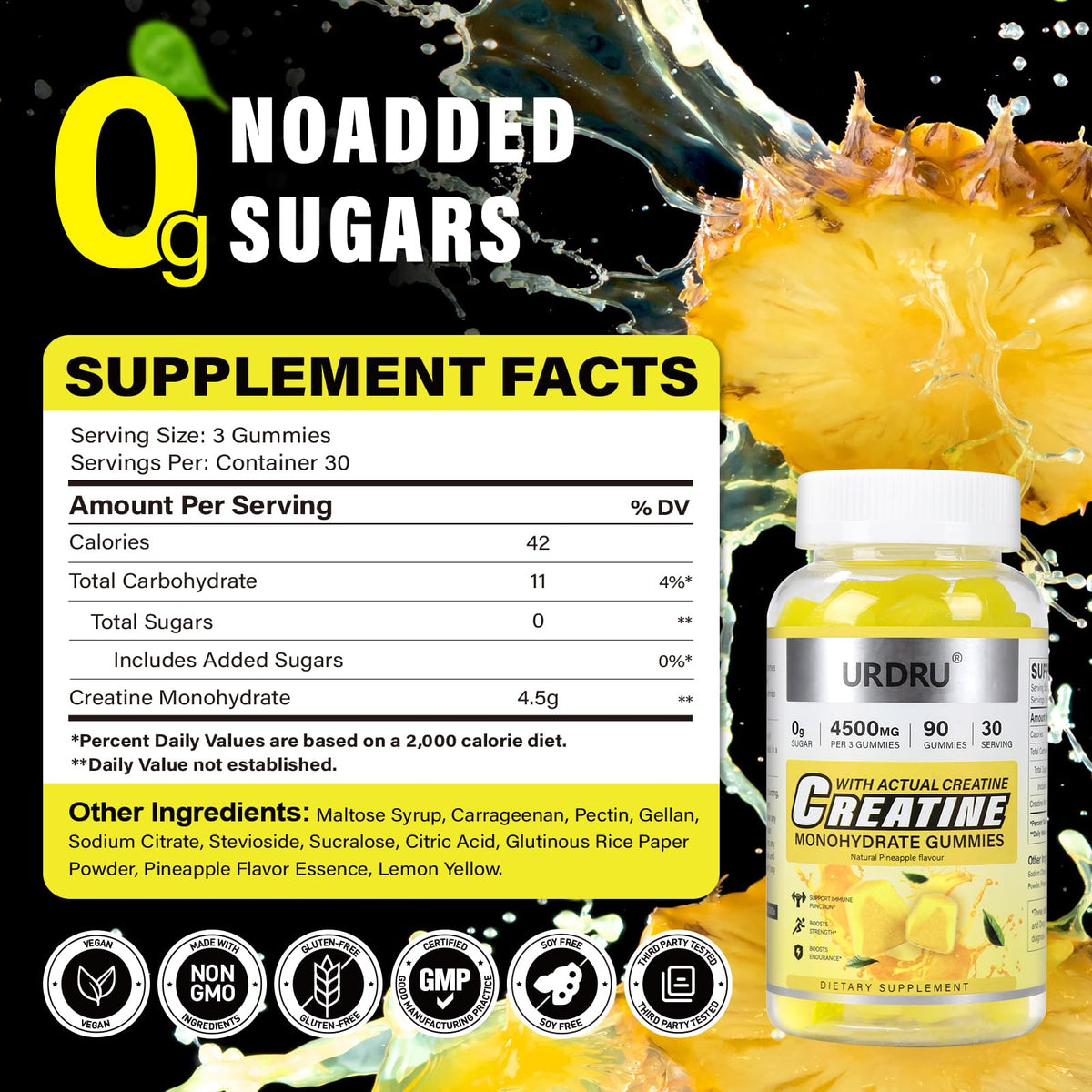 Flacon de gummies de créatine URDRU avec dosage recommandé