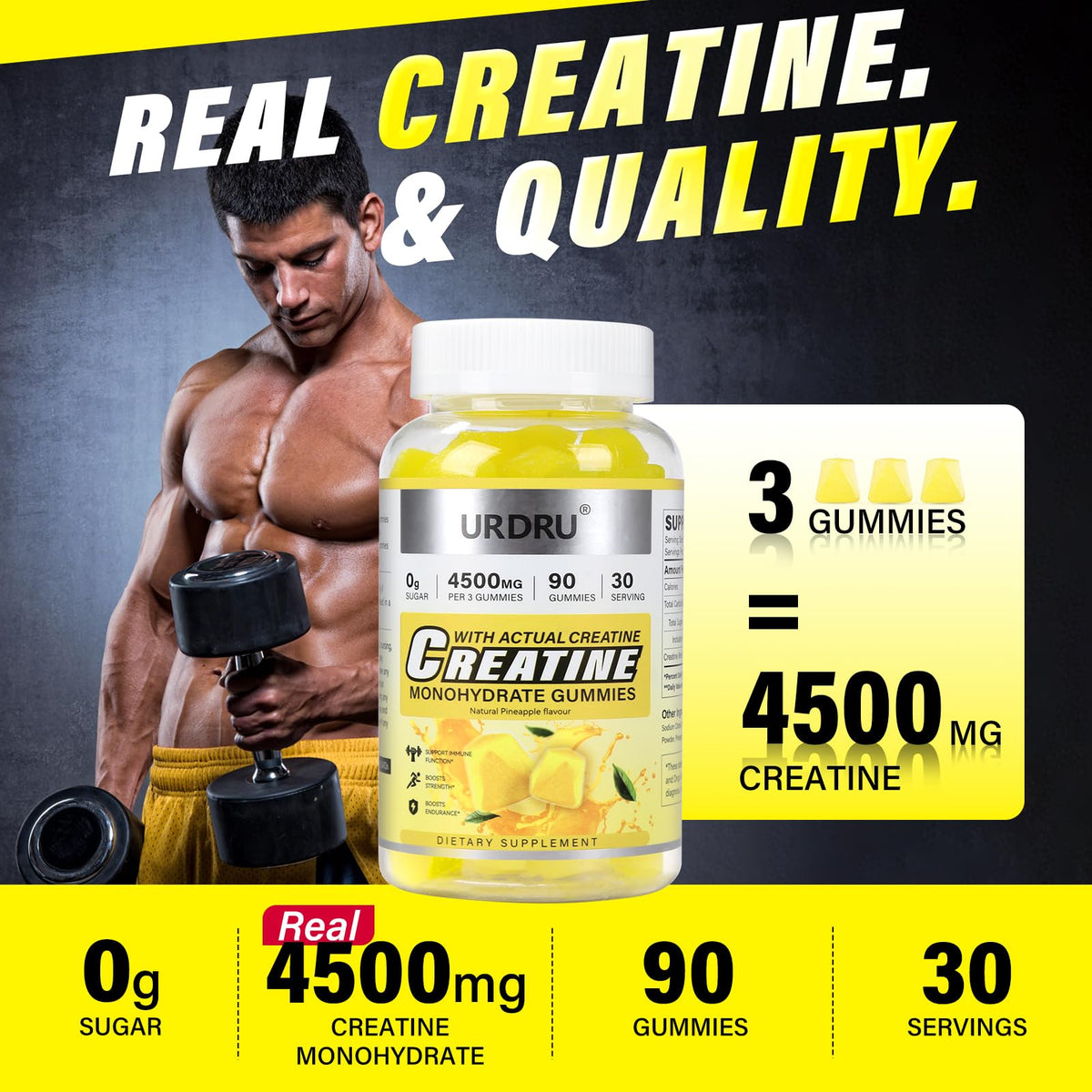 Flacon de gummies de créatine URDRU ouvert avec gummies visibles
