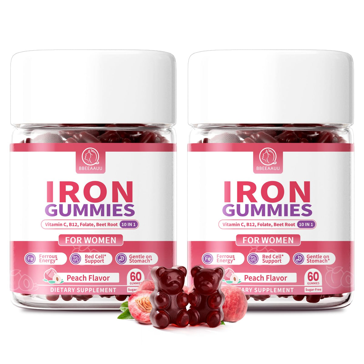 Flacon de gummies de fer BBEEAAUU avec 60 gummies à la pêche