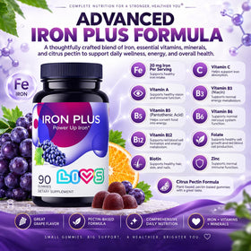 Flacon de gummies de fer LIVS ouvert avec gummies visibles