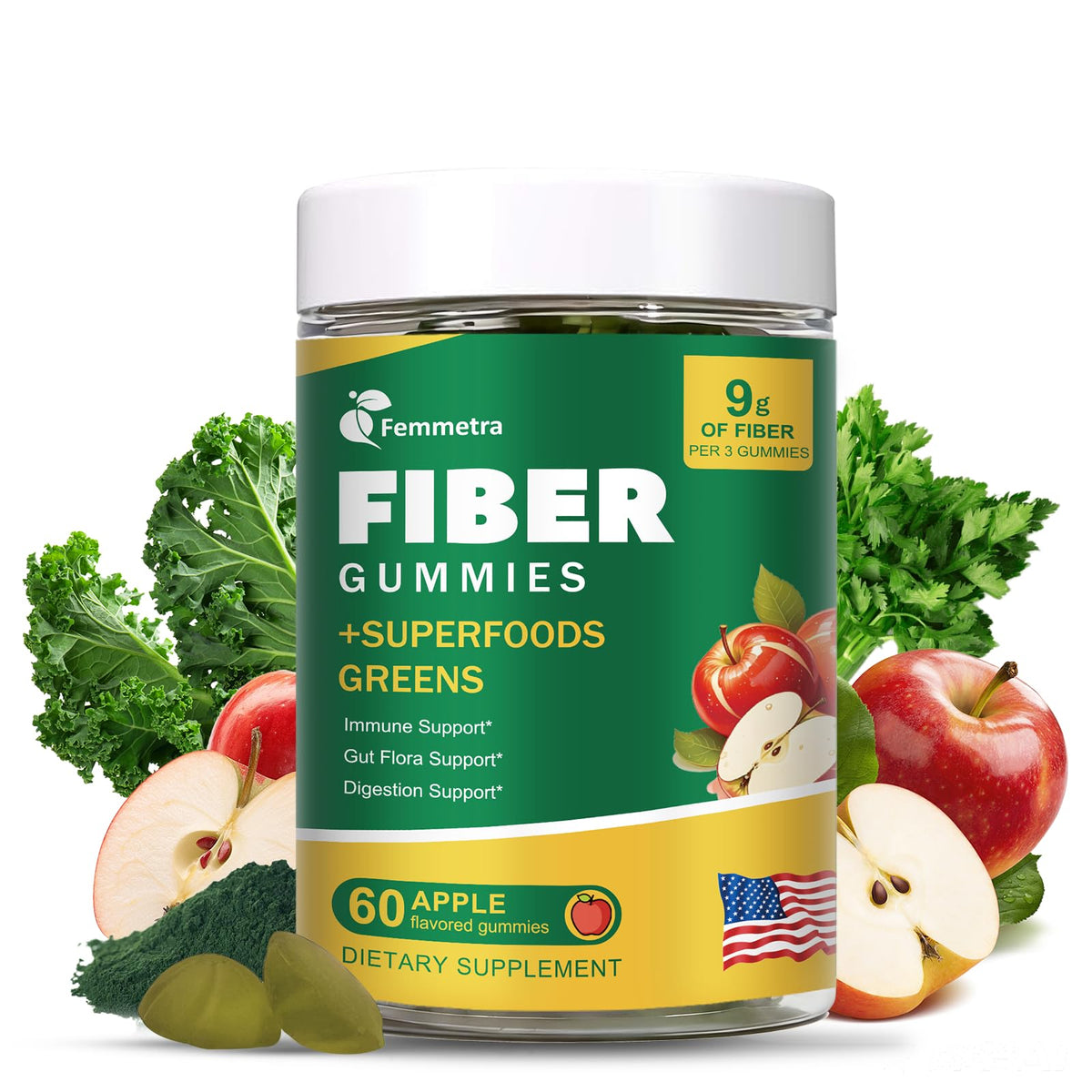 Flacon de gummies de fibres Femmetra 310g, saveur pomme, vue de face