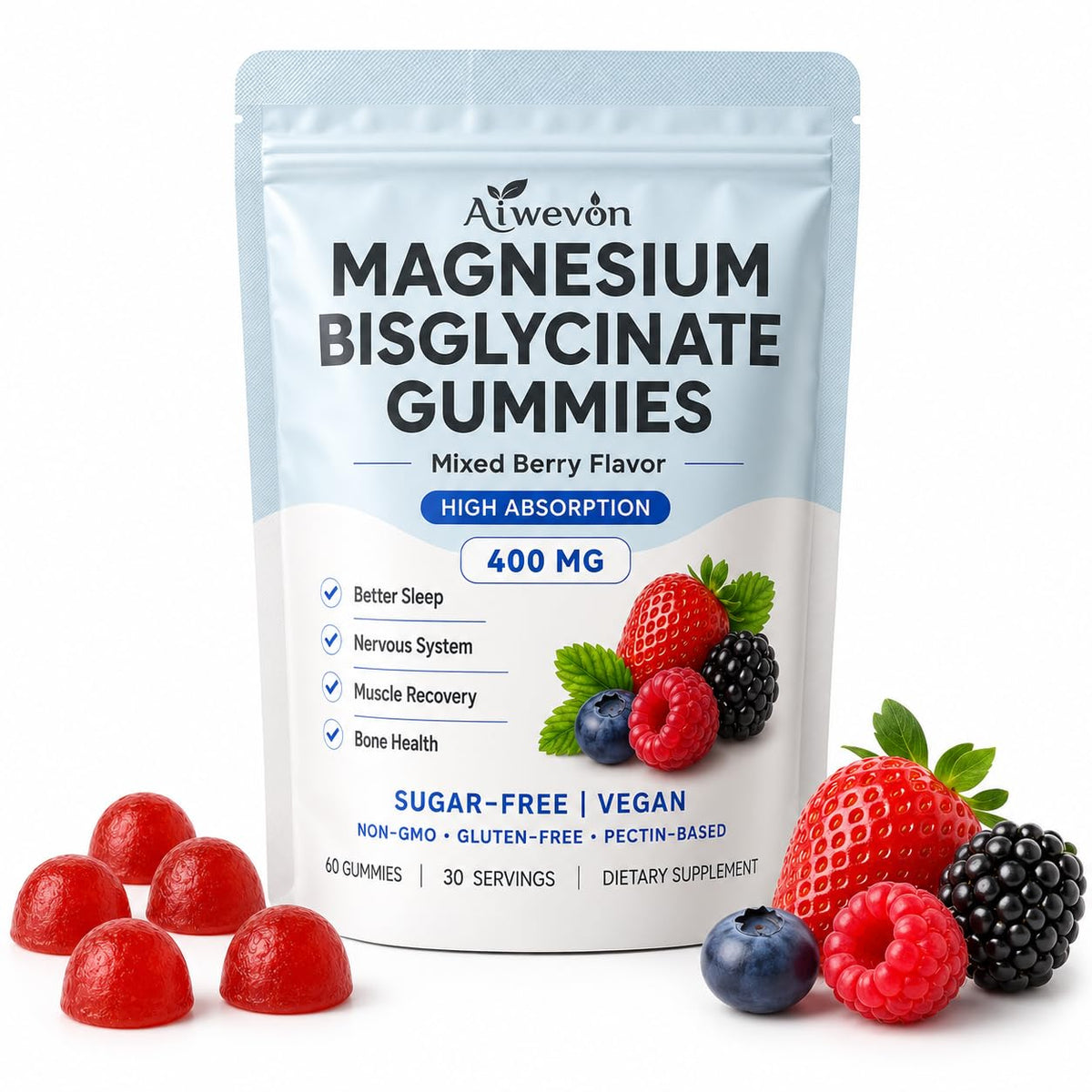 Flacon de gummies de magnésium Aiwevon 400mg vue de face