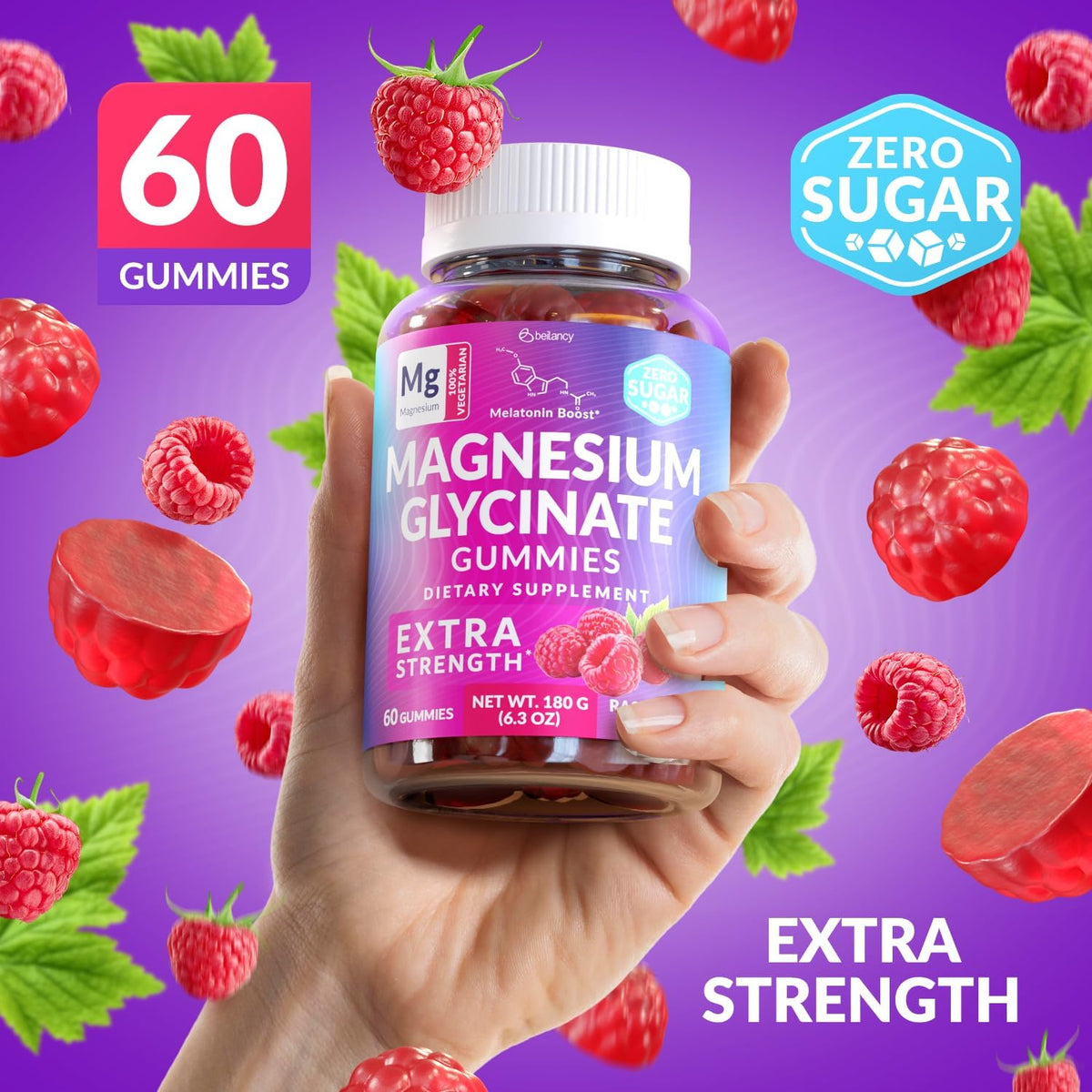 Flacon de gummies de magnésium glycinate 400mg BE&LANCY ouvert avec gummies visibles