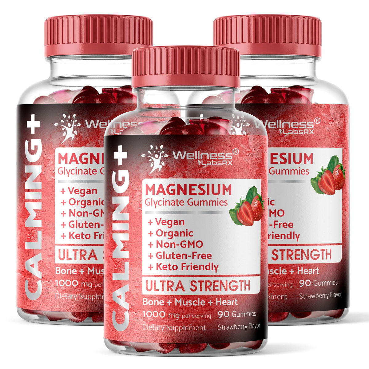 Flacon de gummies de magnésium glycinate WELLNESS LABSRX 1000mg à la fraise