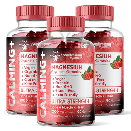Flacon de gummies de magnésium glycinate WELLNESS LABSRX 1000mg à la fraise