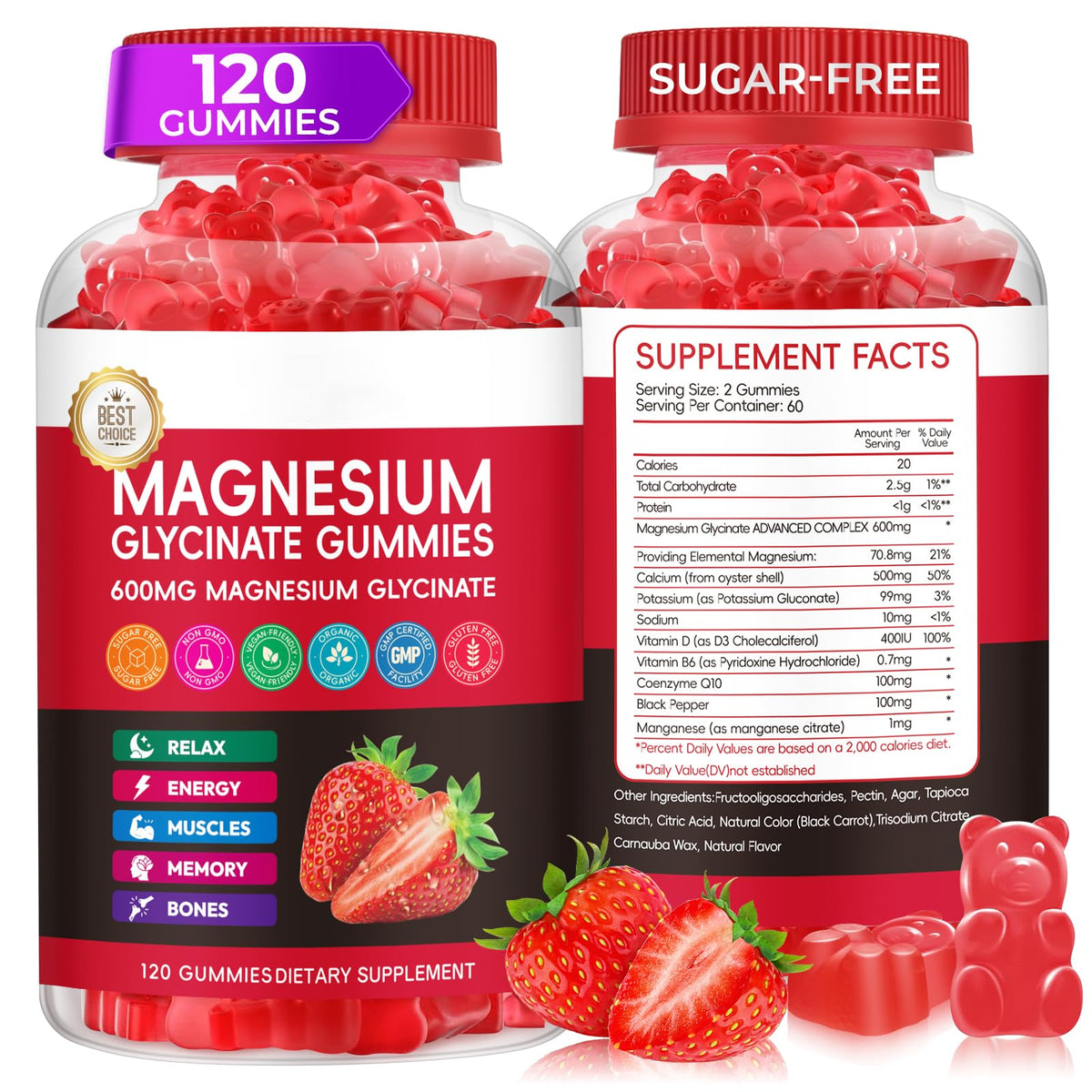 Flacon de gummies de magnésium glycinate Xytora 600mg saveur fraise