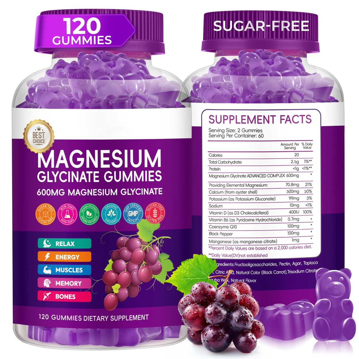 Flacon de gummies de magnésium glycinate Xytora 600mg saveur raisin