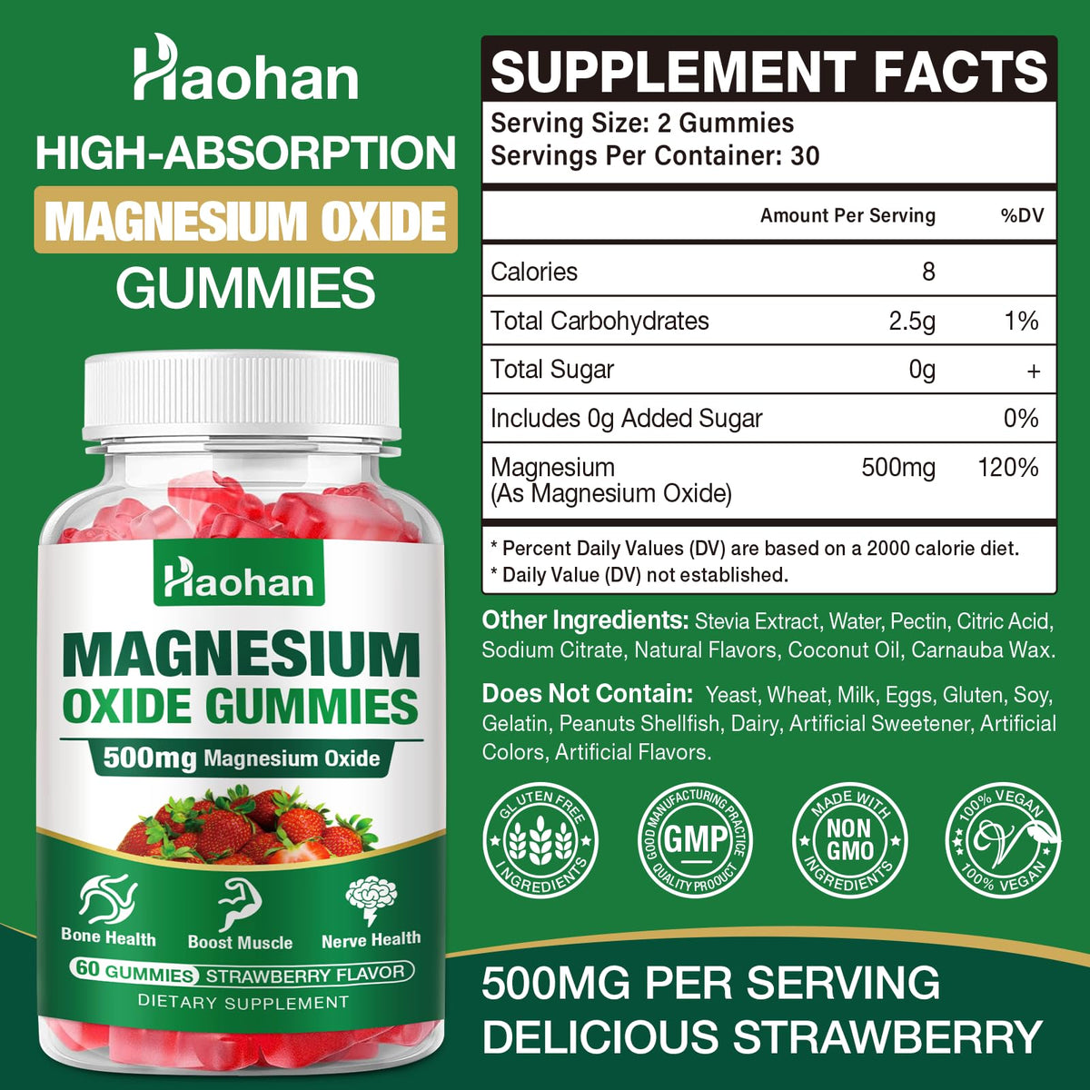 Flacon de gummies de magnésium Haohan 500mg avec 60 gummies