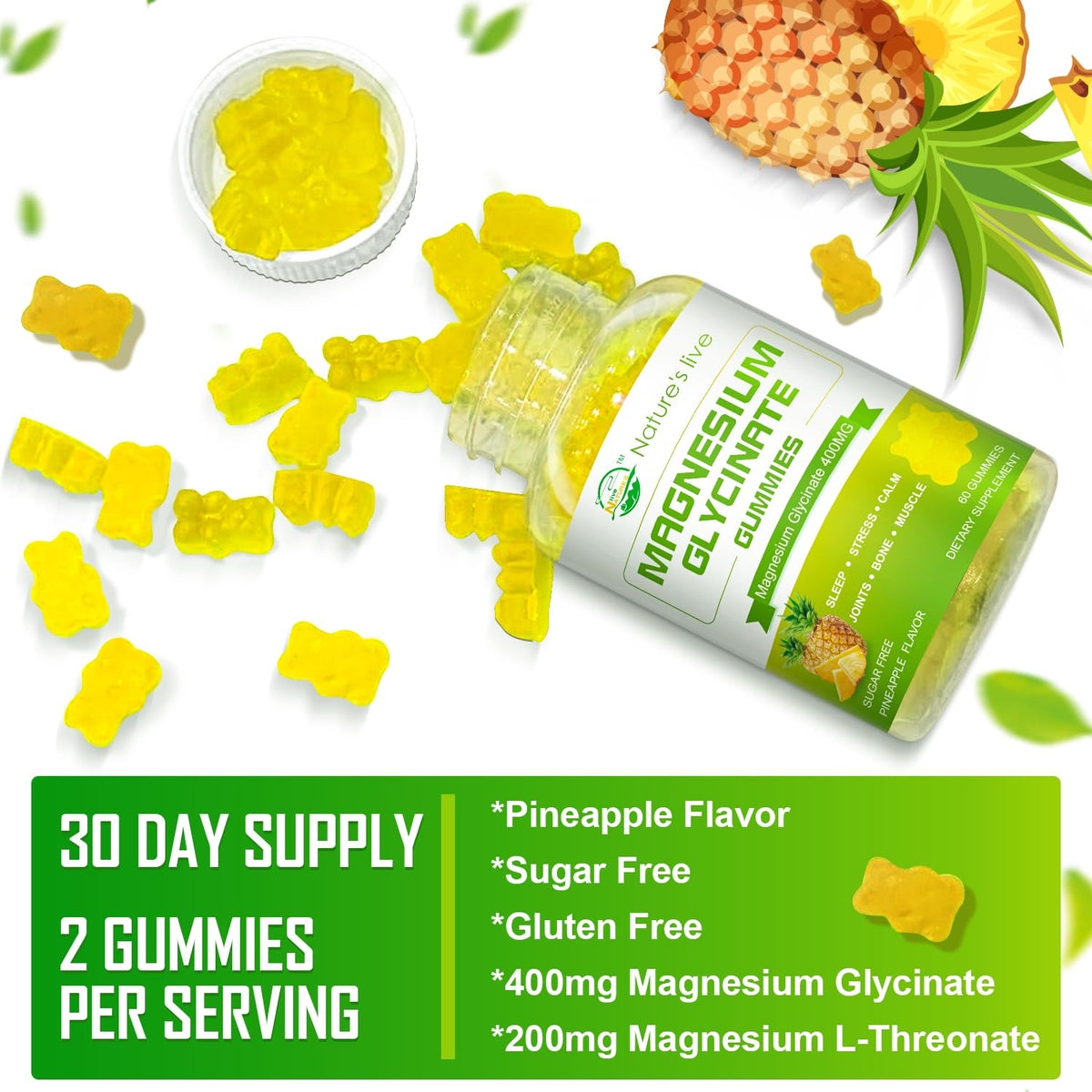 Flacon de gummies de magnésium Nature's live ouvert avec gummies visibles