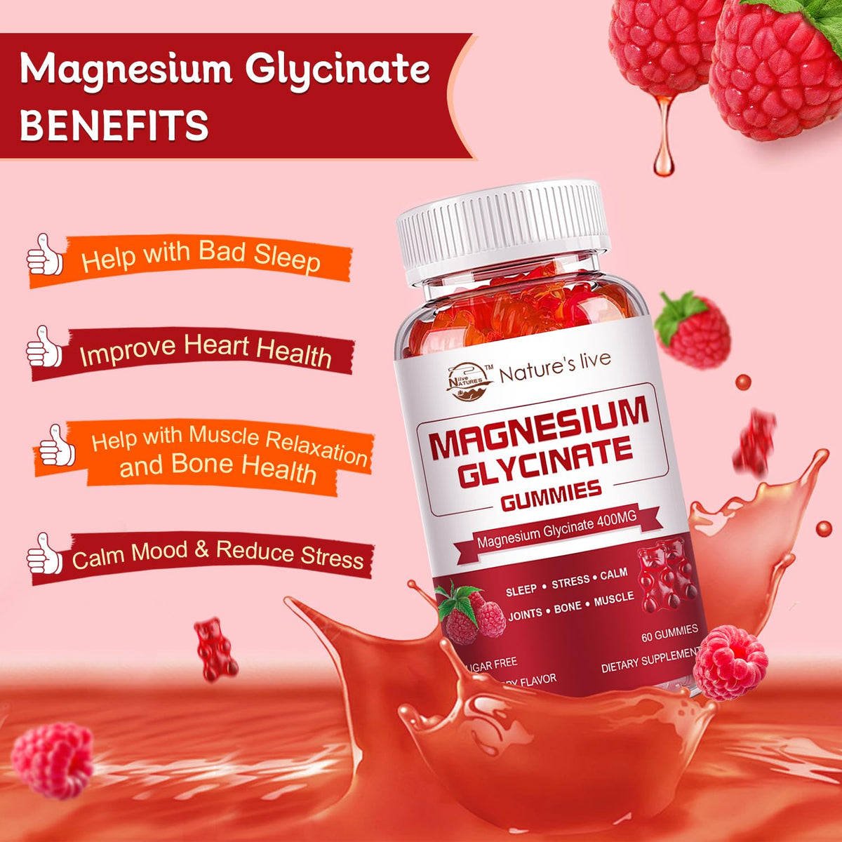 Flacon de gummies de magnésium Nature's live ouvert, montrant les gummies