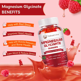Flacon de gummies de magnésium Nature's live ouvert, montrant les gummies
