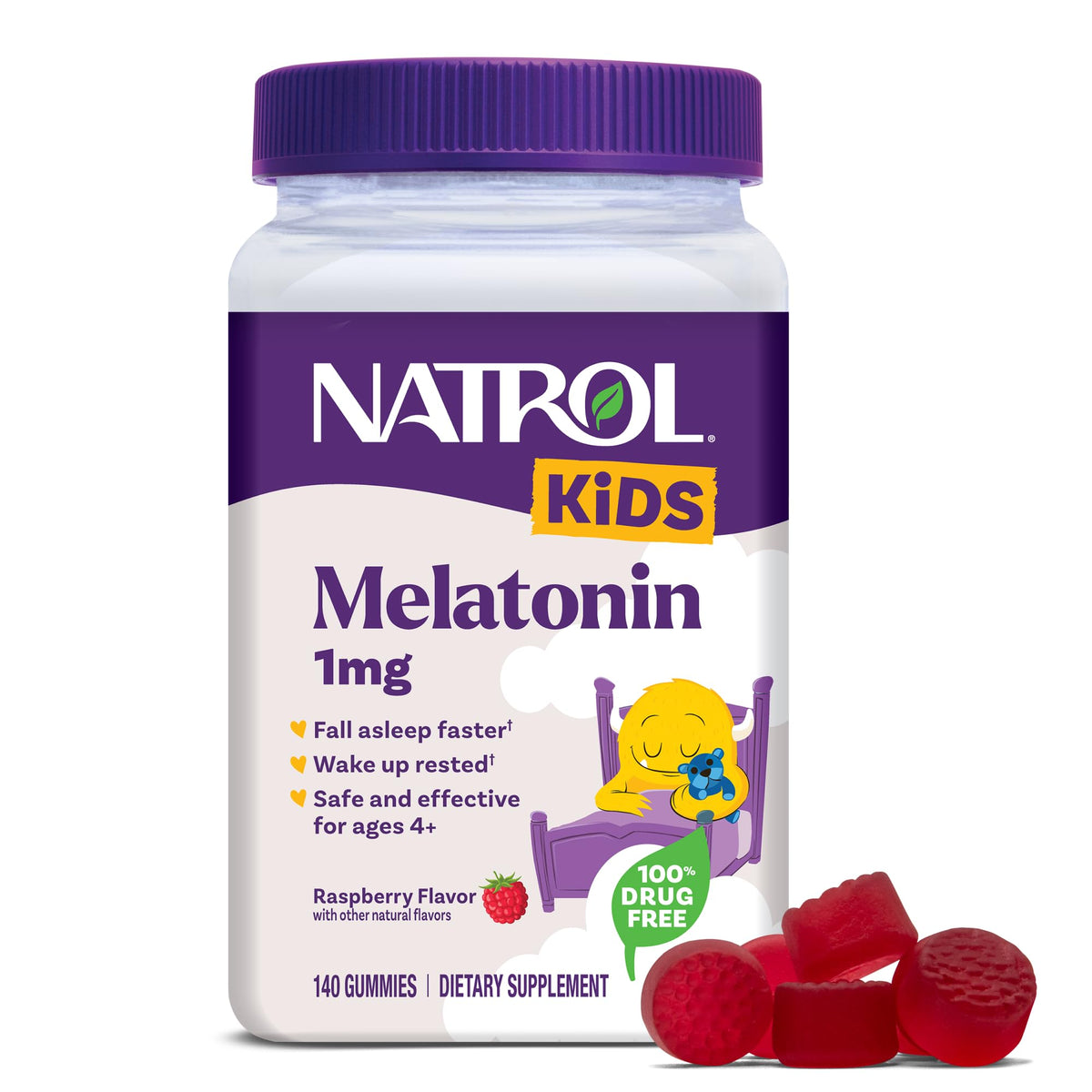 Flacon de Gummies de Mélatonine Natrol pour Enfants 1mg, 140 Gummies Framboise