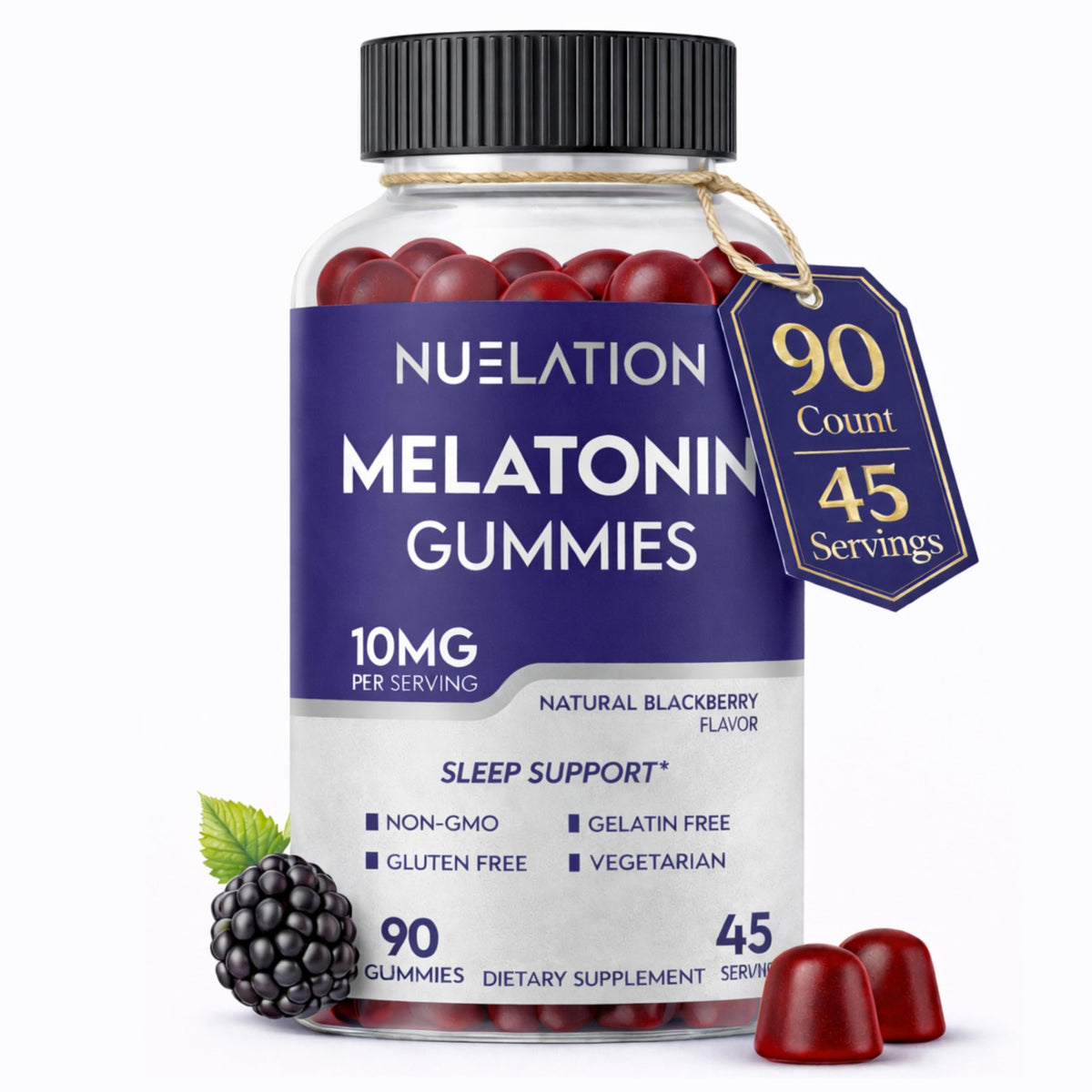 Flacon de gummies de mélatonine NUELATION avec 90 gummies au goût de mûre
