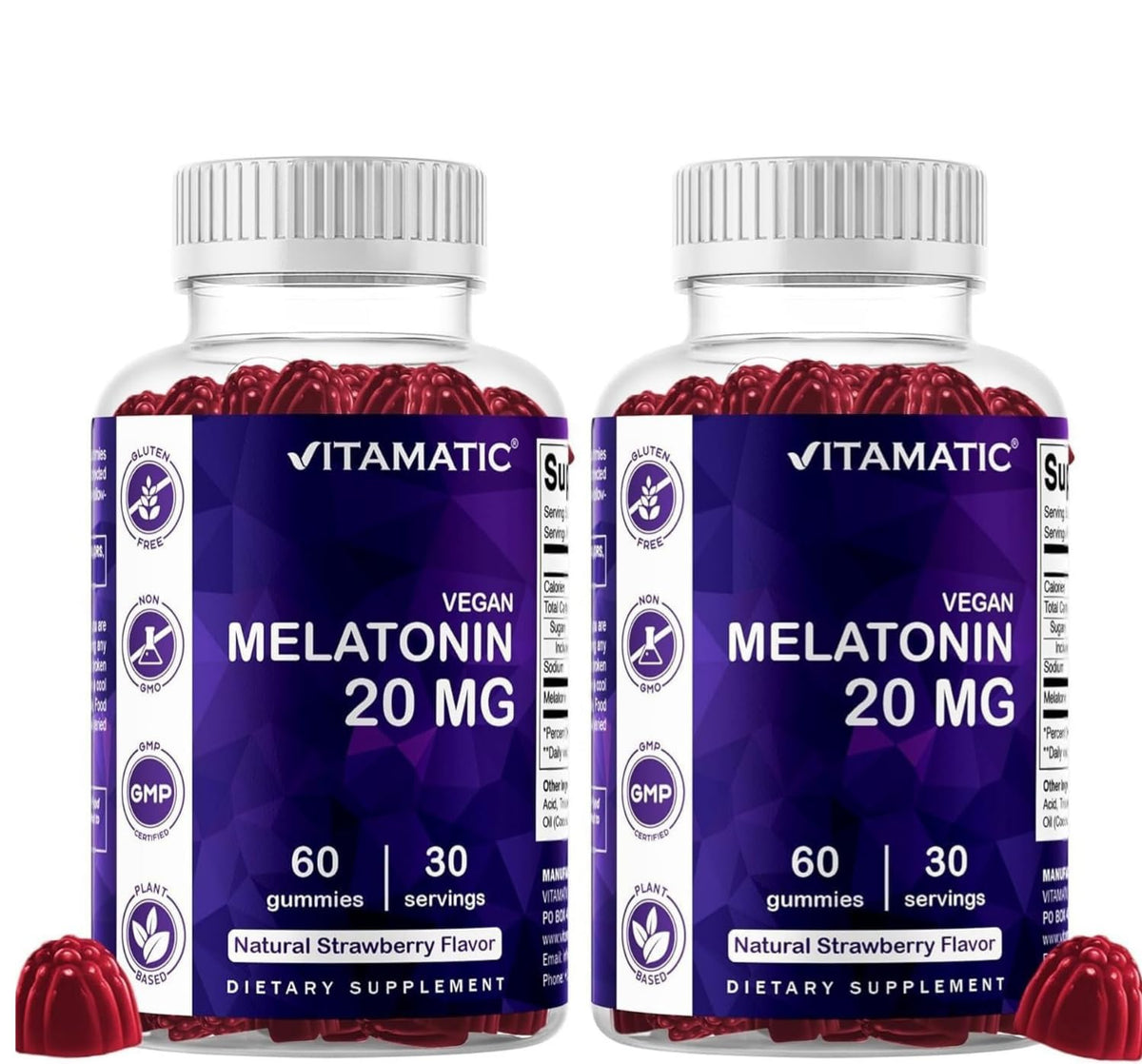 Flacon de gummies de mélatonine Vitamatic 20 mg, 60 unités, goût fraise