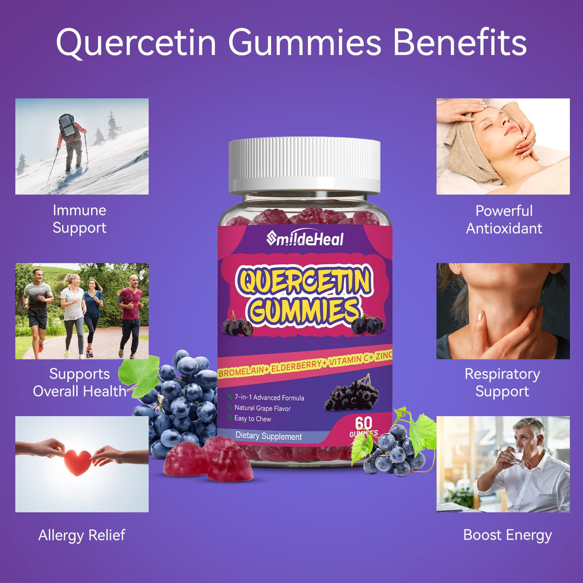 Flacon de gummies de quercétine SmildeHeal sur une table ensoleillée