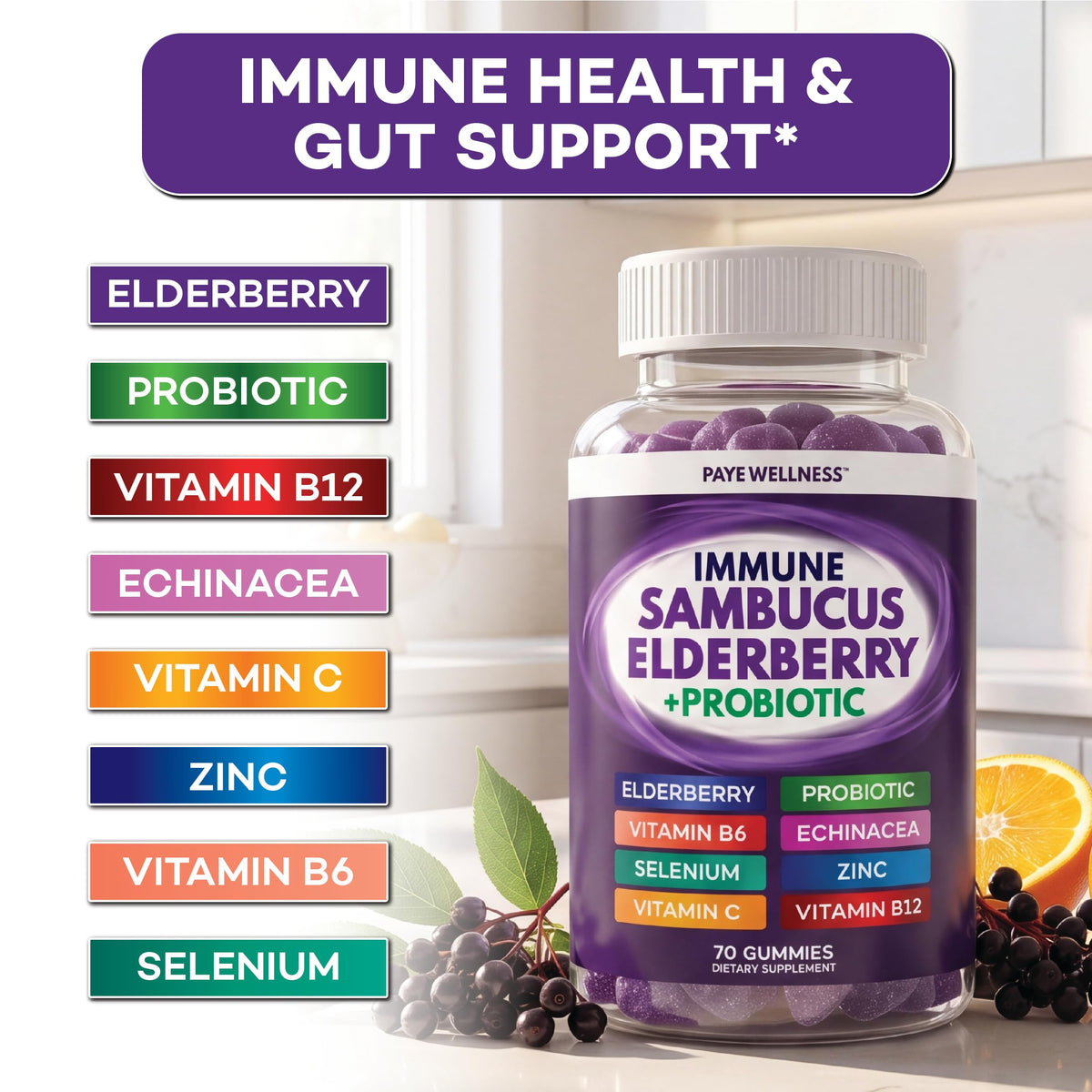 Flacon de gummies de sureau PAYÉ ouvert avec gummies visibles