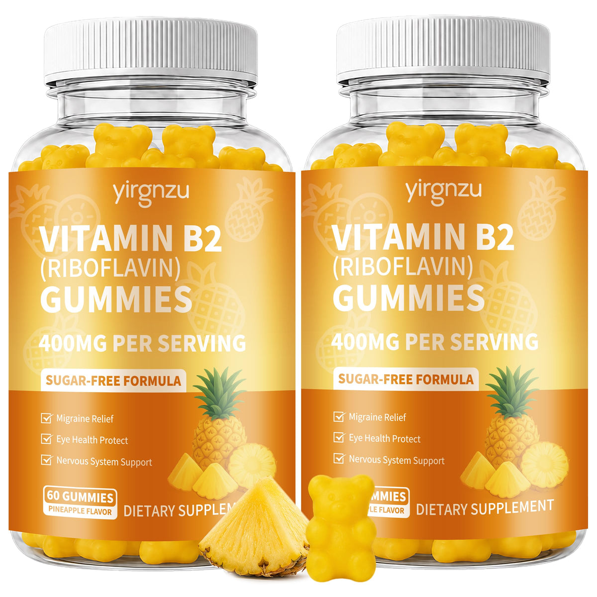 Flacon de gummies de Vitamine B2 yirgnzu avec étiquette et goût ananas