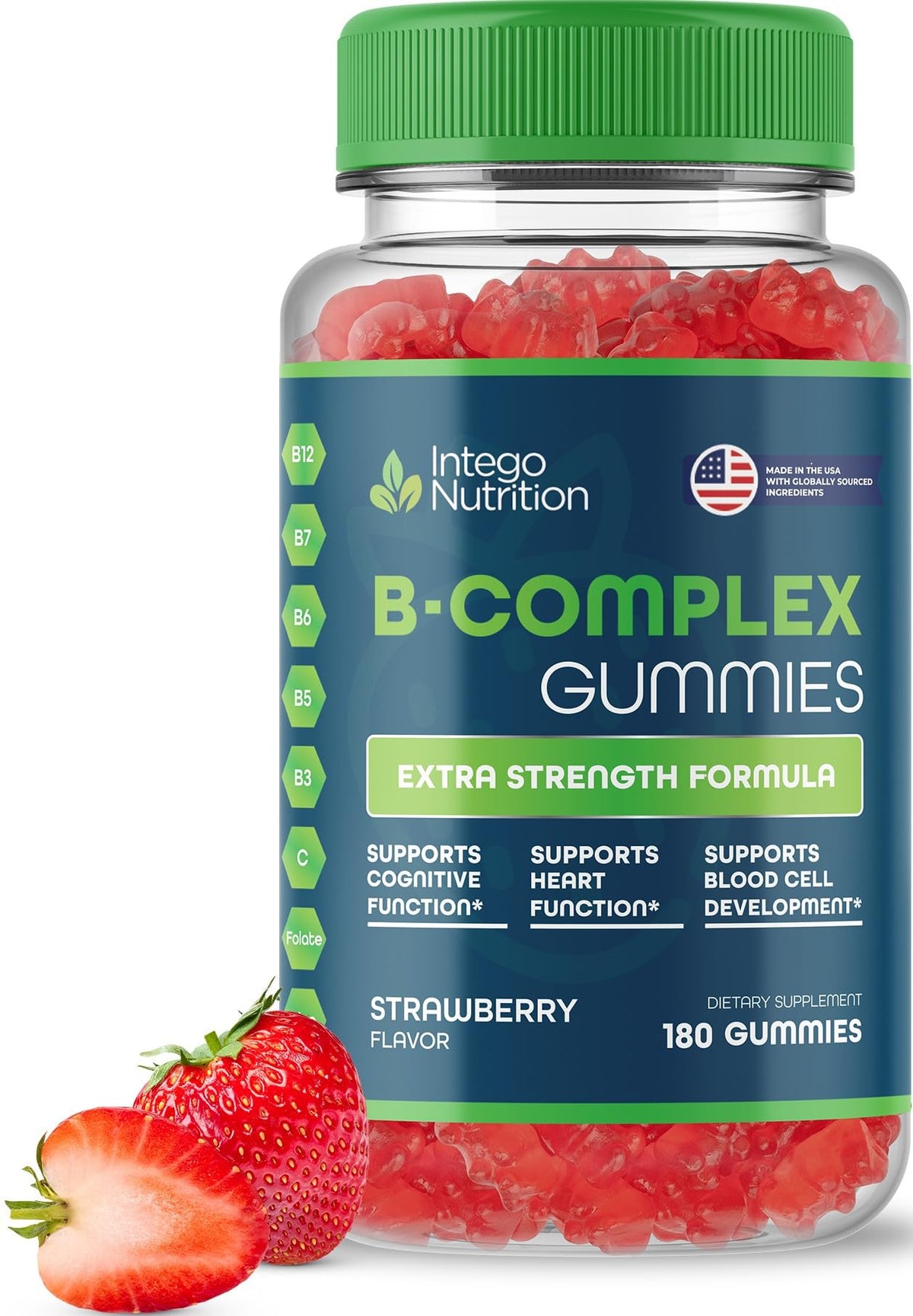 Flacon de gummies de vitamines B Complexe INTEGO NUTRITION, 180 unités, vue de face