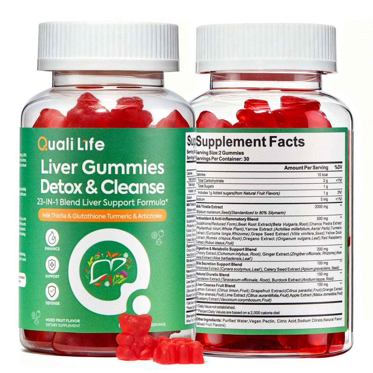Flacon de gummies détox du foie QualiLife 120 gummies saveur fruits mélangés