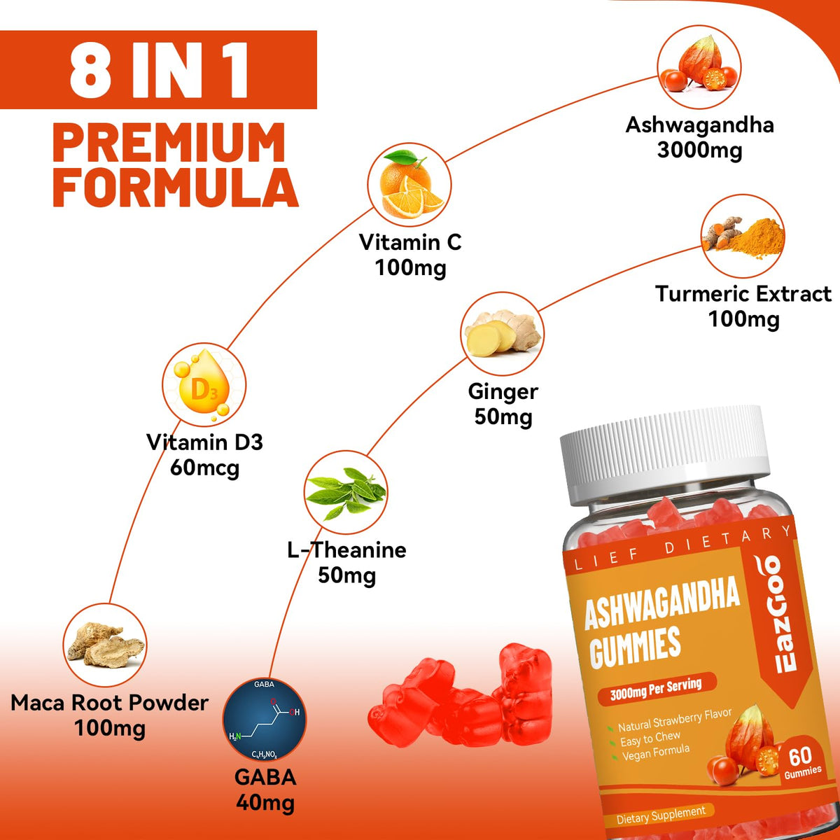 Flacon de Gummies EAZGOO d'Ashwagandha avec informations nutritionnelles