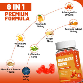 Flacon de Gummies EAZGOO d'Ashwagandha avec informations nutritionnelles
