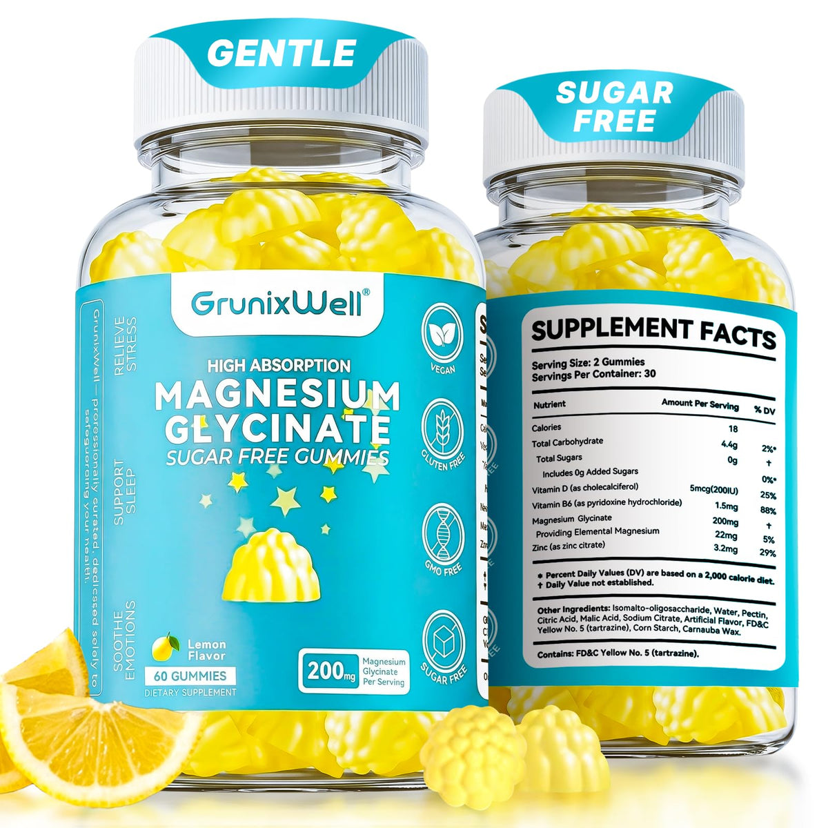 Flacon de gummies GrunixWell de magnésium glycinate 200mg, vue de face
