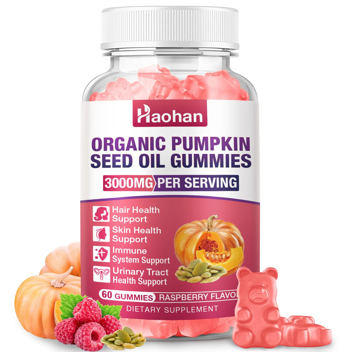 Flacon de gummies Haohan à l'huile de graines de citrouille et saw palmetto, 60 unités