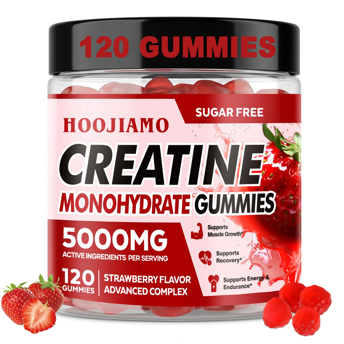 Flacon de gummies HOOJIAMO créatine monohydrate 5000mg goût fraise