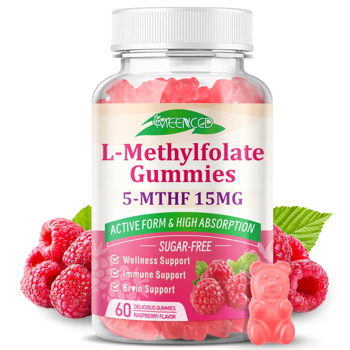 Flacon de gummies L-Méthylfolate MEENCCD vue avant avec étiquette