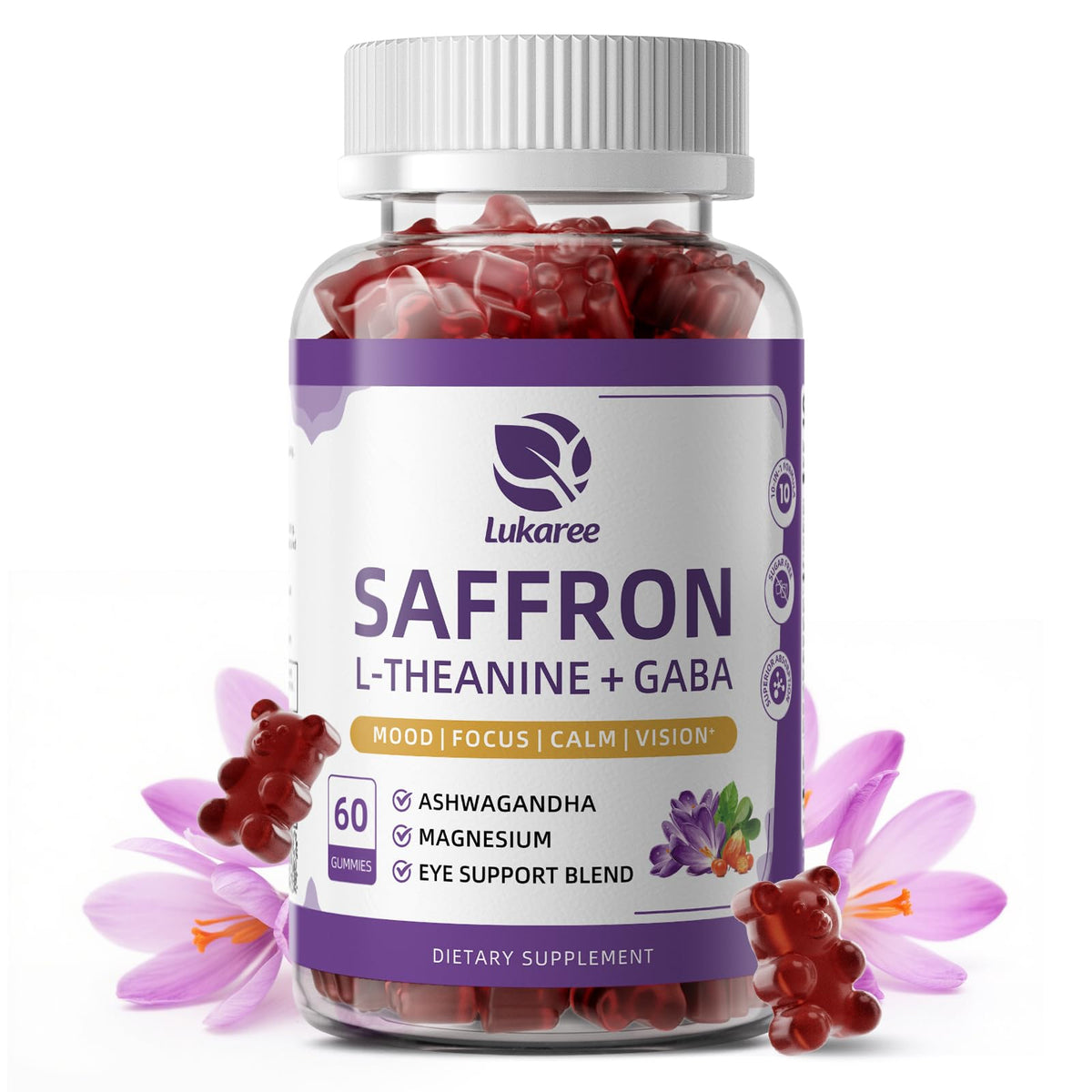 Flacon de gummies Lukaree avec étiquette et contenu visible