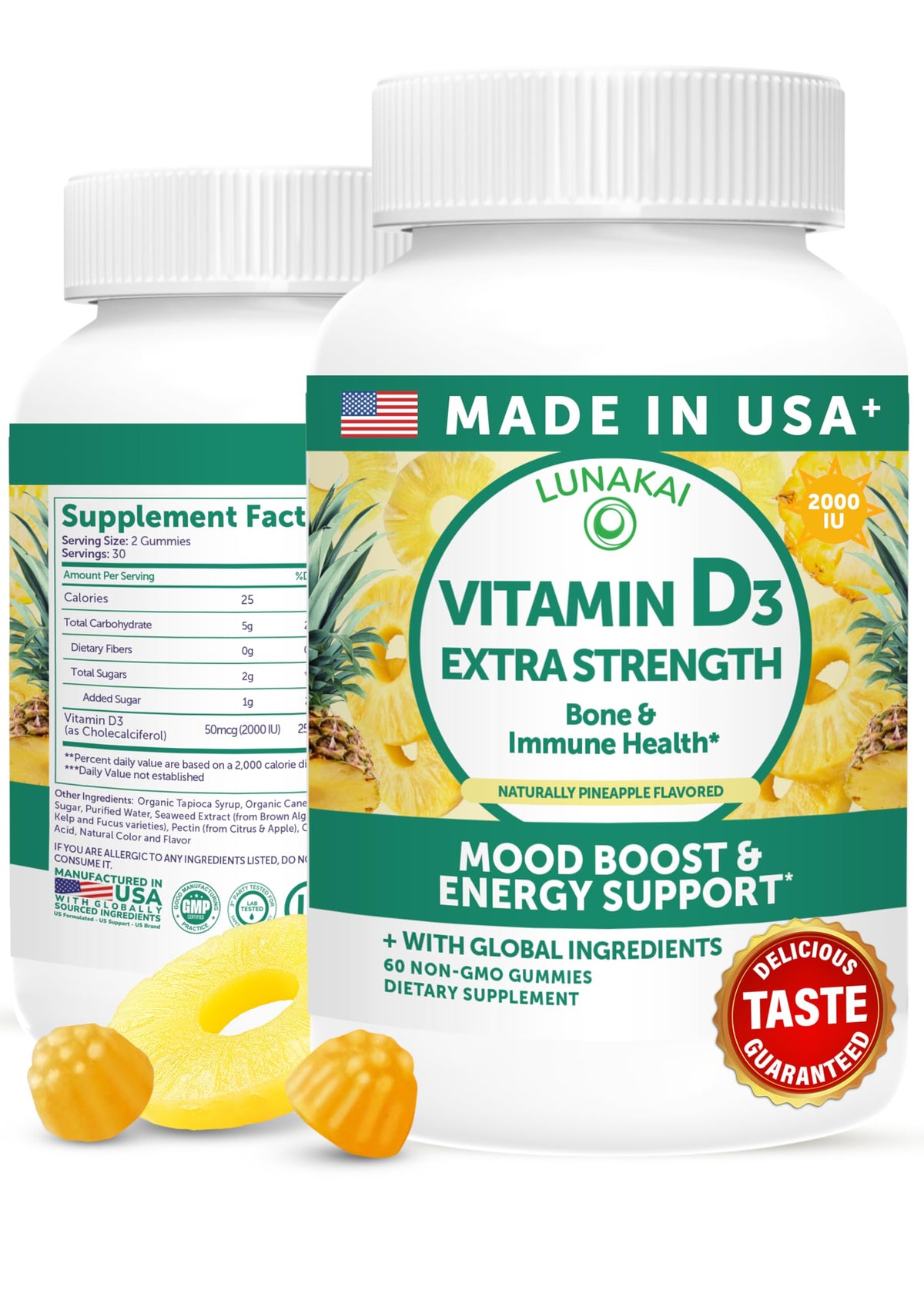 Flacon de gummies Lunakai de Vitamine D3 2000 IU, 60 pièces