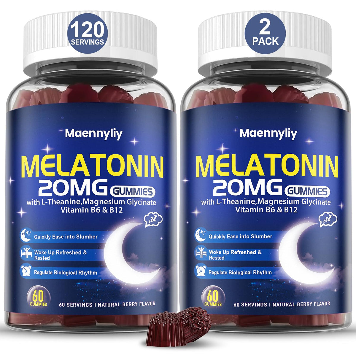 Flacon de gummies Maennyliy de mélatonine 20mg avec étiquette visible