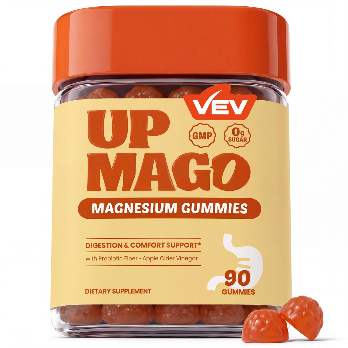 Flacon de gummies magnésium VEV avec étiquette sur fond blanc