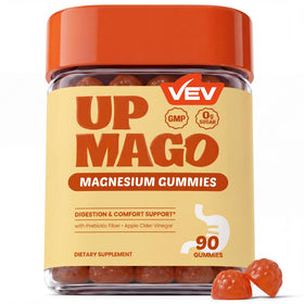 Flacon de gummies magnésium VEV avec étiquette sur fond blanc