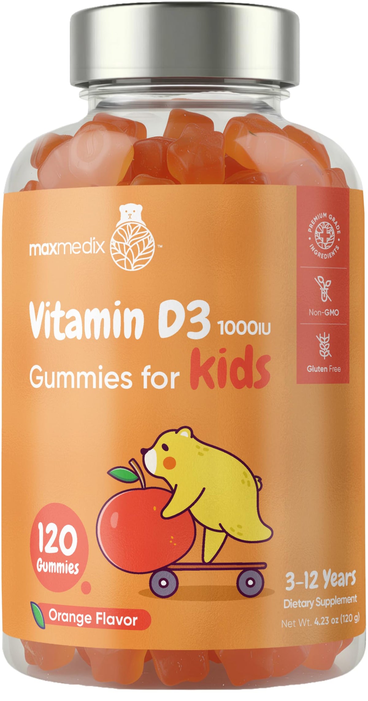 Flacon de gummies maxmedix Vitamine D3 1000 IU pour enfants, 120 gummies