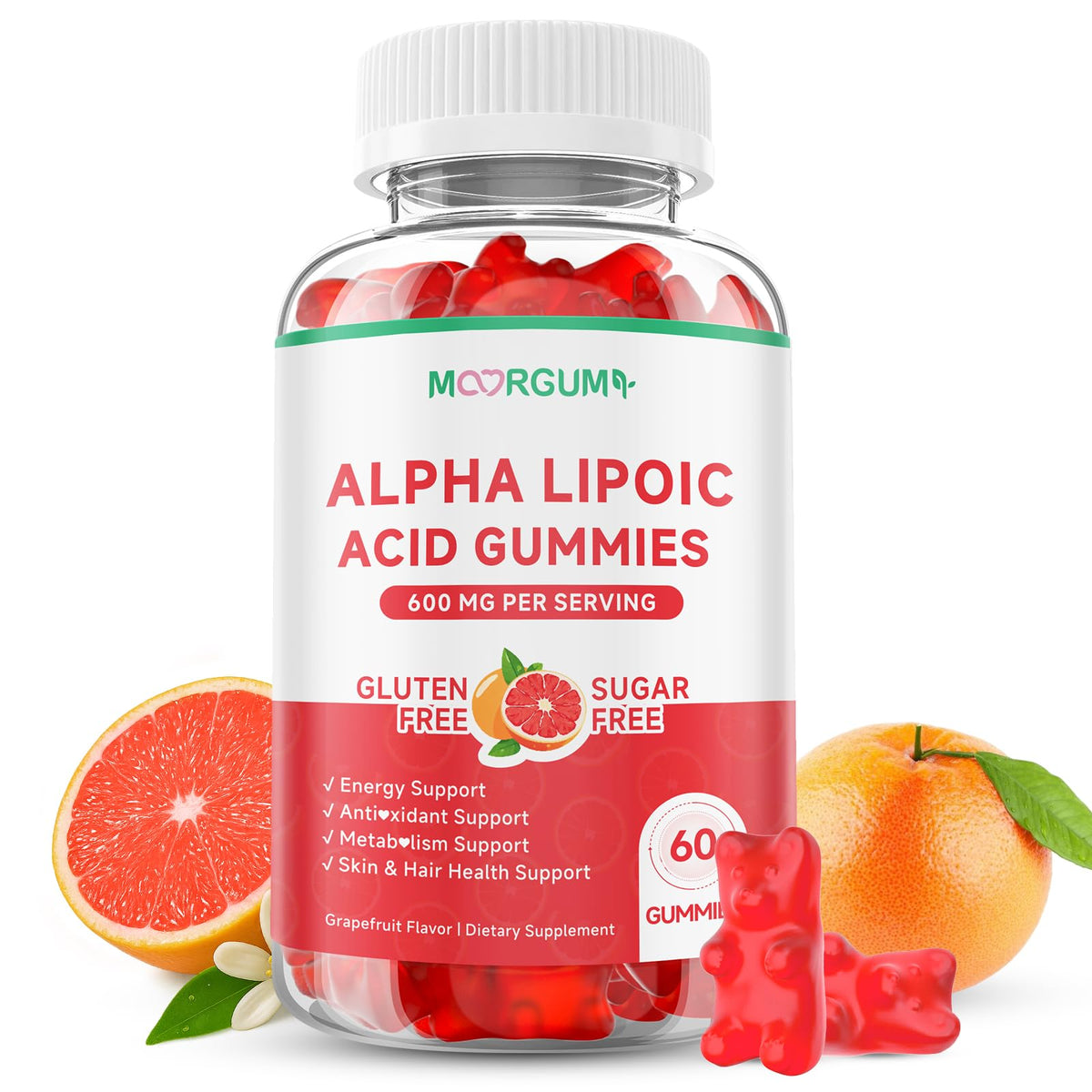 Flacon de gummies MOORGUMY à l'acide alpha lipoïque 600mg, vue de face.