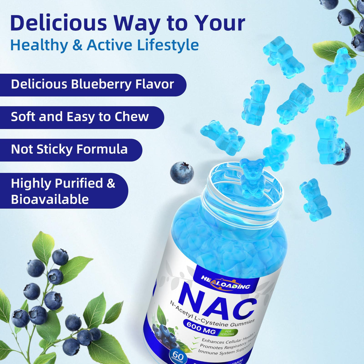 Flacon de gummies NAC HEALOADING 600MG ouvert